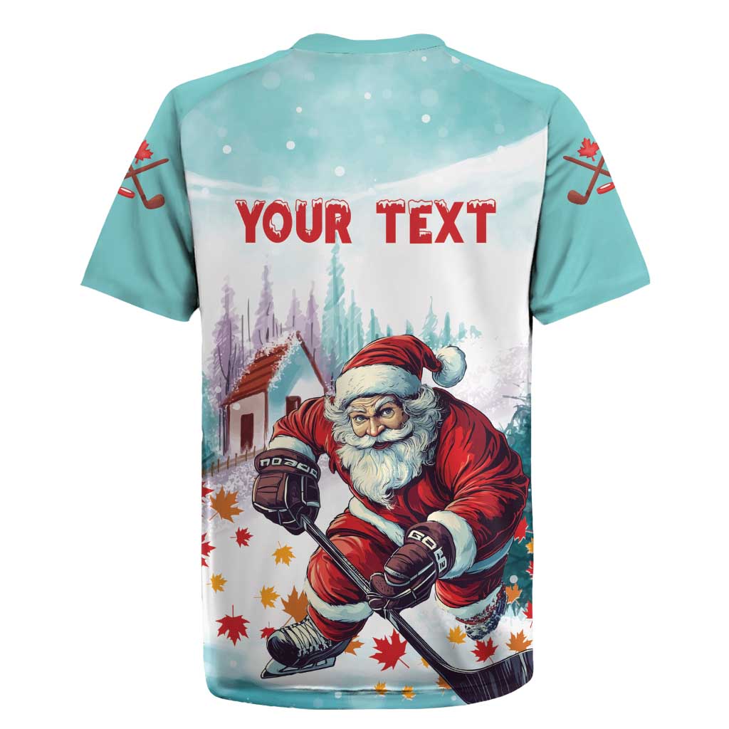 Mint Christmas hockey rugby jersey back with red YOUR TEXT and Santa hockey graphic