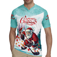 Mint Christmas hockey rugby jersey on model, front view with Merry Christmas Santa graphic