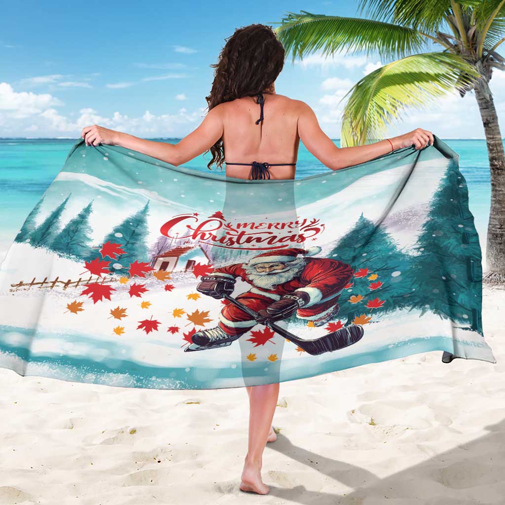 Mint Santa hockey Christmas sarong on back view, 'Merry Christmas' print