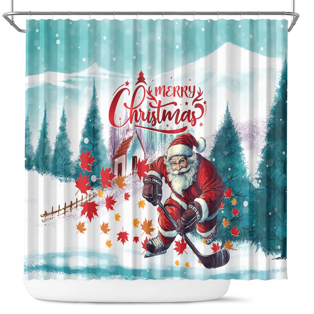 Mint Christmas shower curtain featuring Santa in red playing hockey, “Merry Christmas” headline