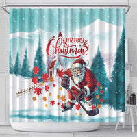 Mint holiday shower curtain with Santa hockey scene and colorful autumn leaves