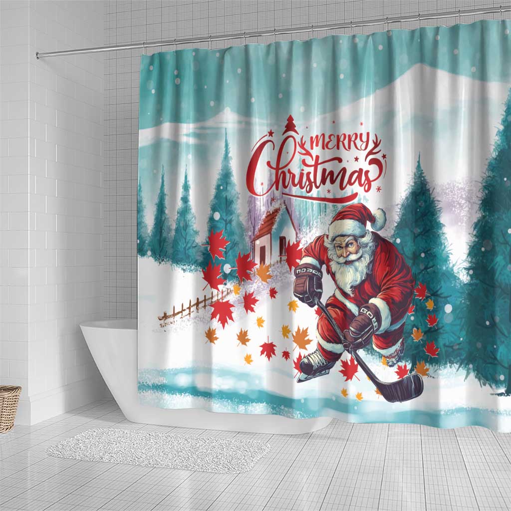 Mint Christmas shower curtain with Santa holding hockey stick, “Merry Christmas” lettering