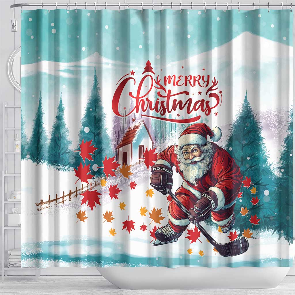 Mint Christmas shower curtain showing Santa playing hockey with red “Merry Christmas” phrase