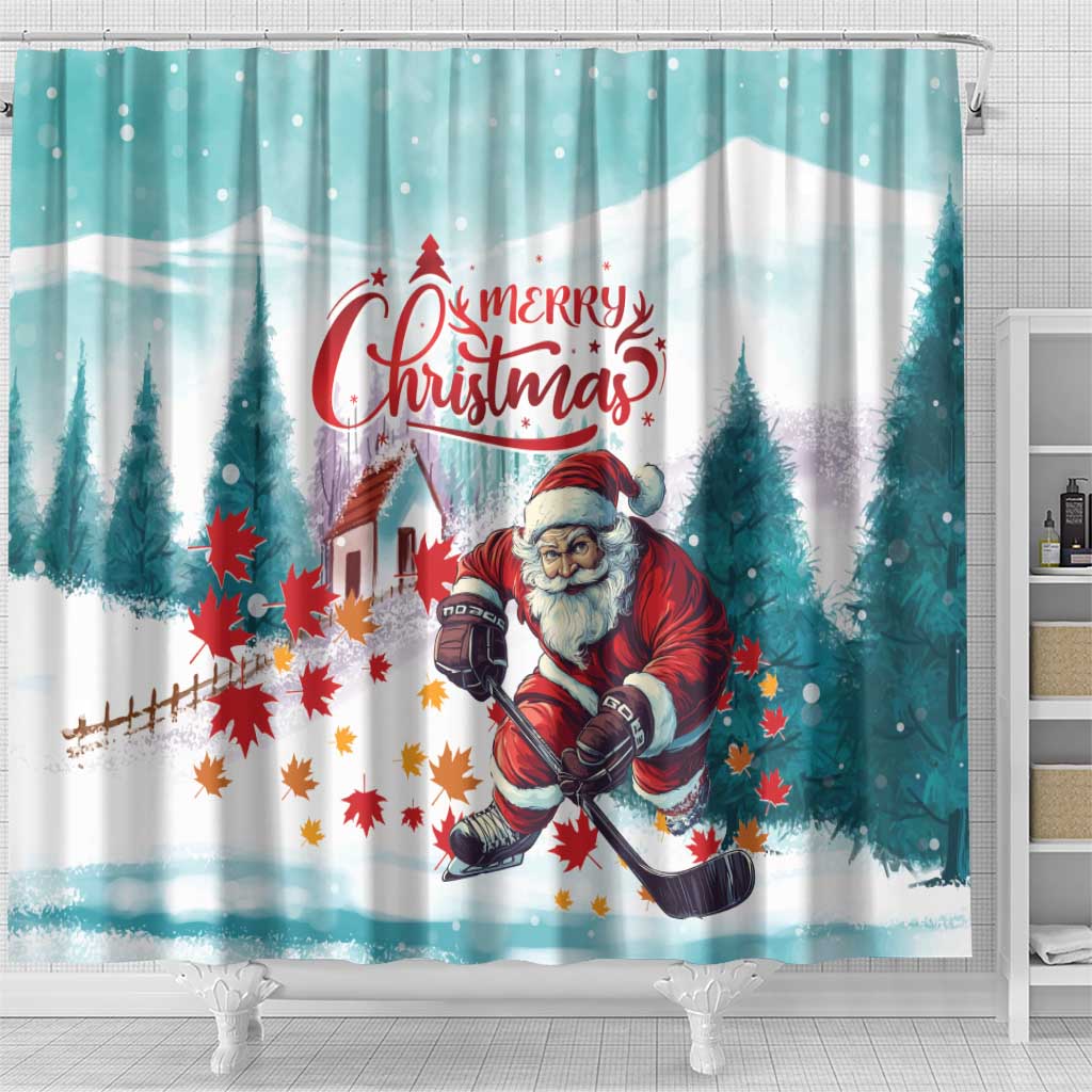 Mint Christmas shower curtain with Santa playing hockey, red “Merry Christmas” text