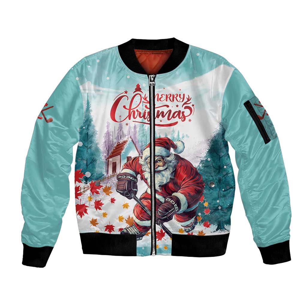Mint and white zip-up bomber jacket with Santa playing hockey graphic, ribbed cuffs and hem.