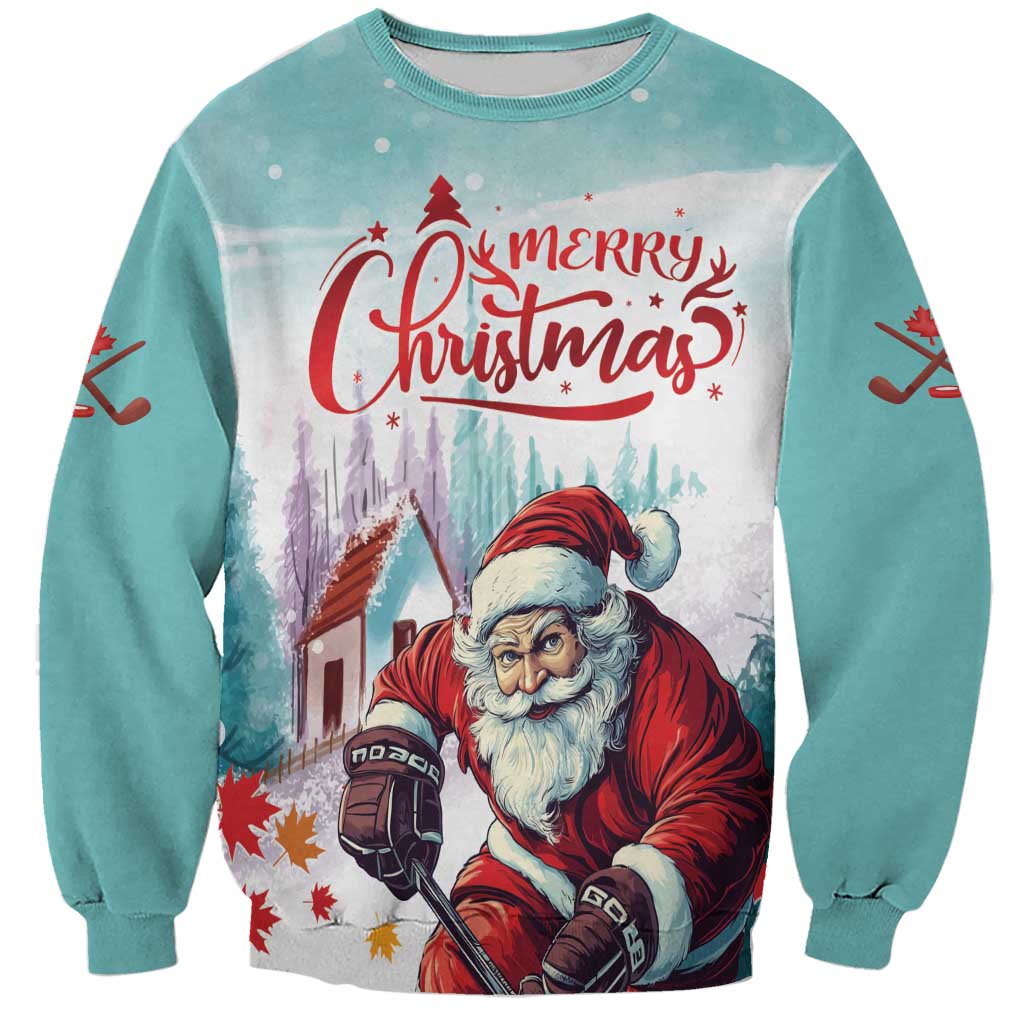 Mint crewneck sweatshirt with 'Merry Christmas' Santa hockey graphic