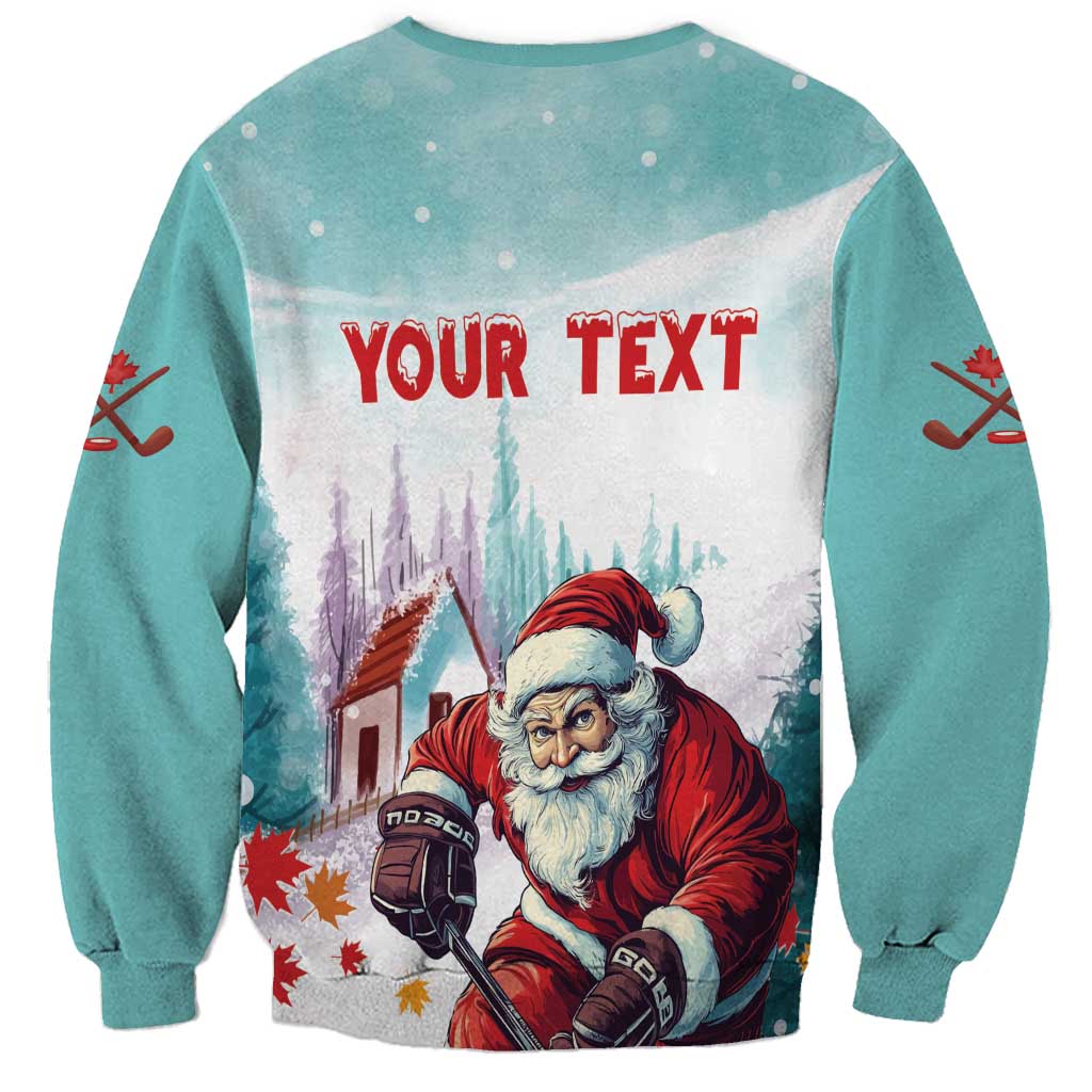 Mint crewneck sweatshirt with 'YOUR TEXT' and Santa hockey graphic on back