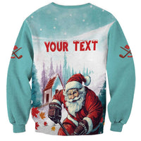Mint crewneck sweatshirt with 'YOUR TEXT' and Santa hockey graphic on back