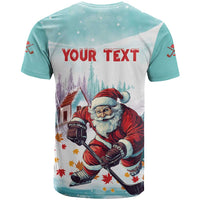 Mint and white T-shirt back with Santa hockey graphic and “YOUR TEXT” placeholder