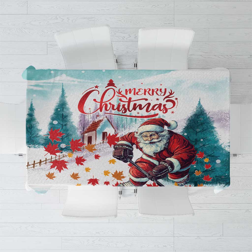 Christmas tablecloth with Santa and hockey skates, teal and red design on mint background