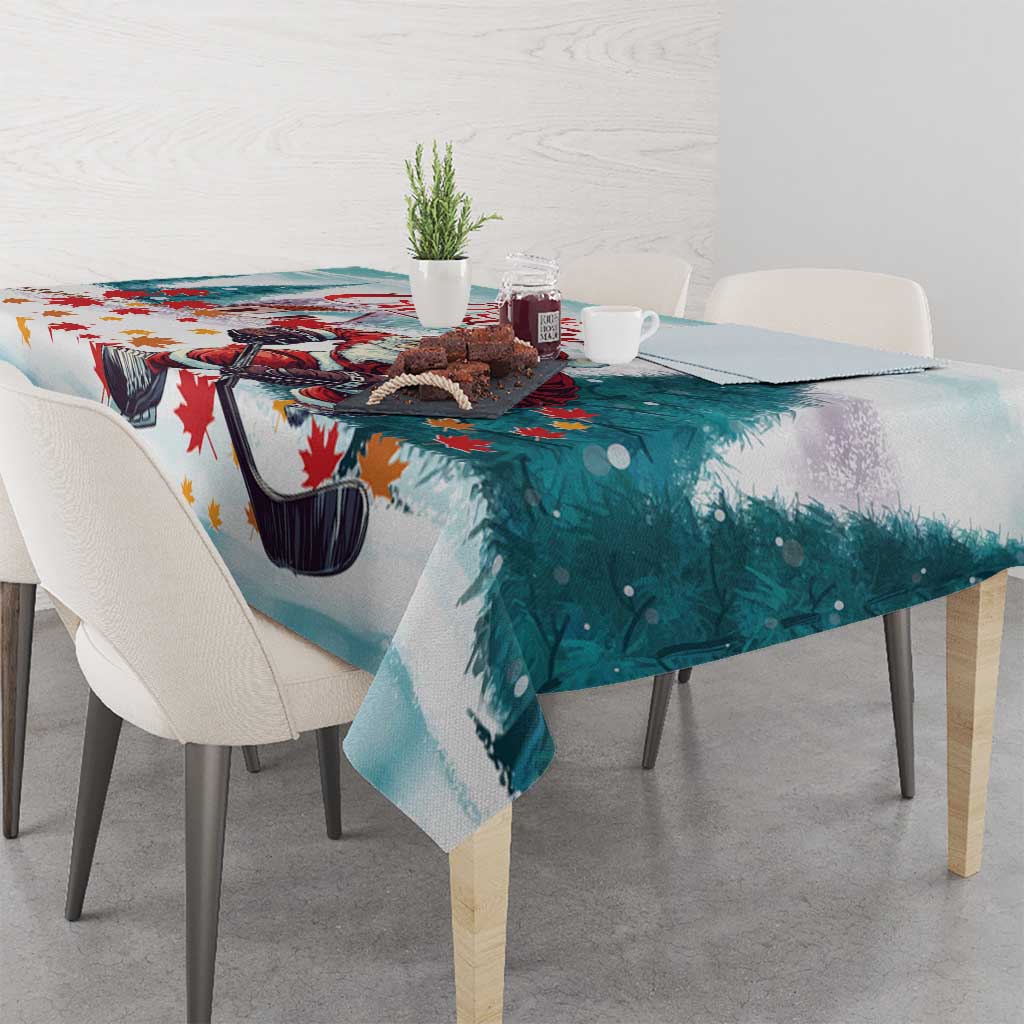 Mint teal Christmas tablecloth with Santa and hockey skates, draped across dining table