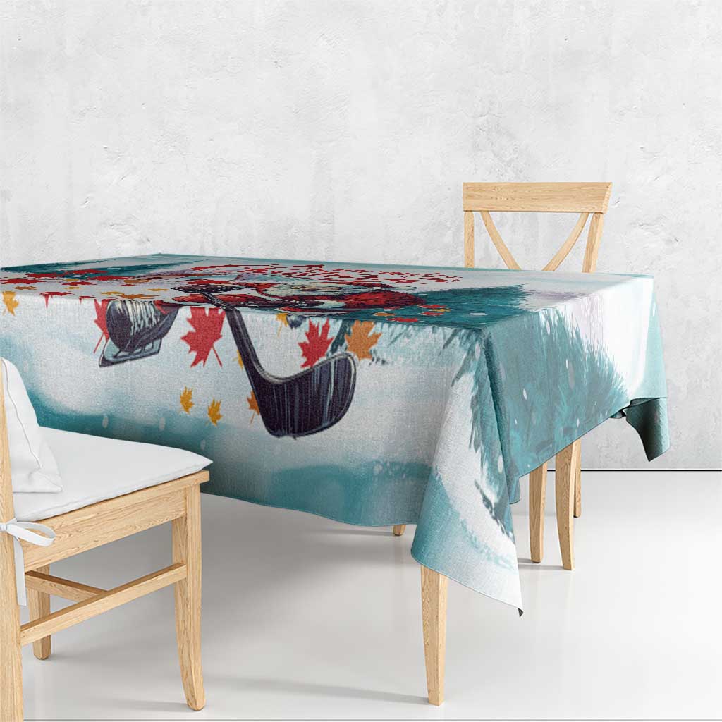 Teal and white Christmas tablecloth with hockey skates pattern, draped over chair-side table