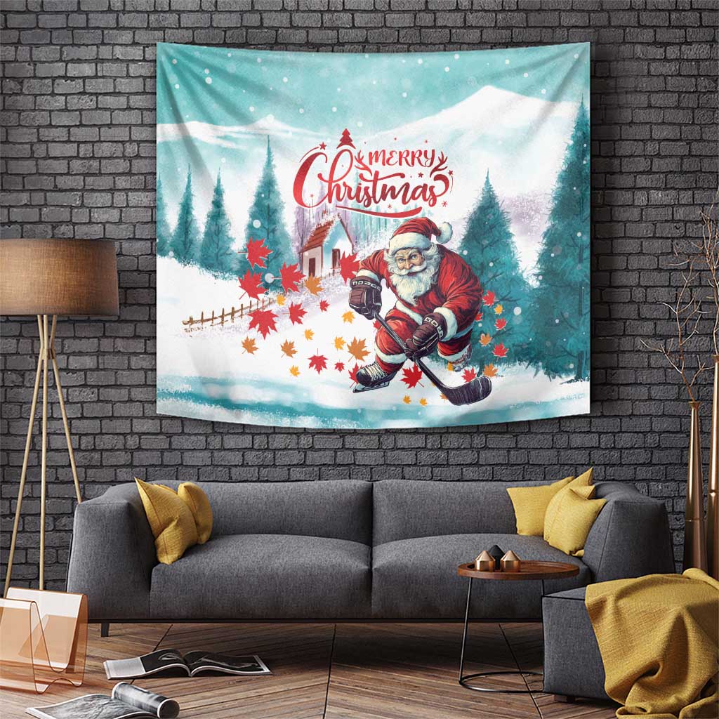 Christmas wall tapestry with Santa ice hockey, colorful maple leaves, mint teal border