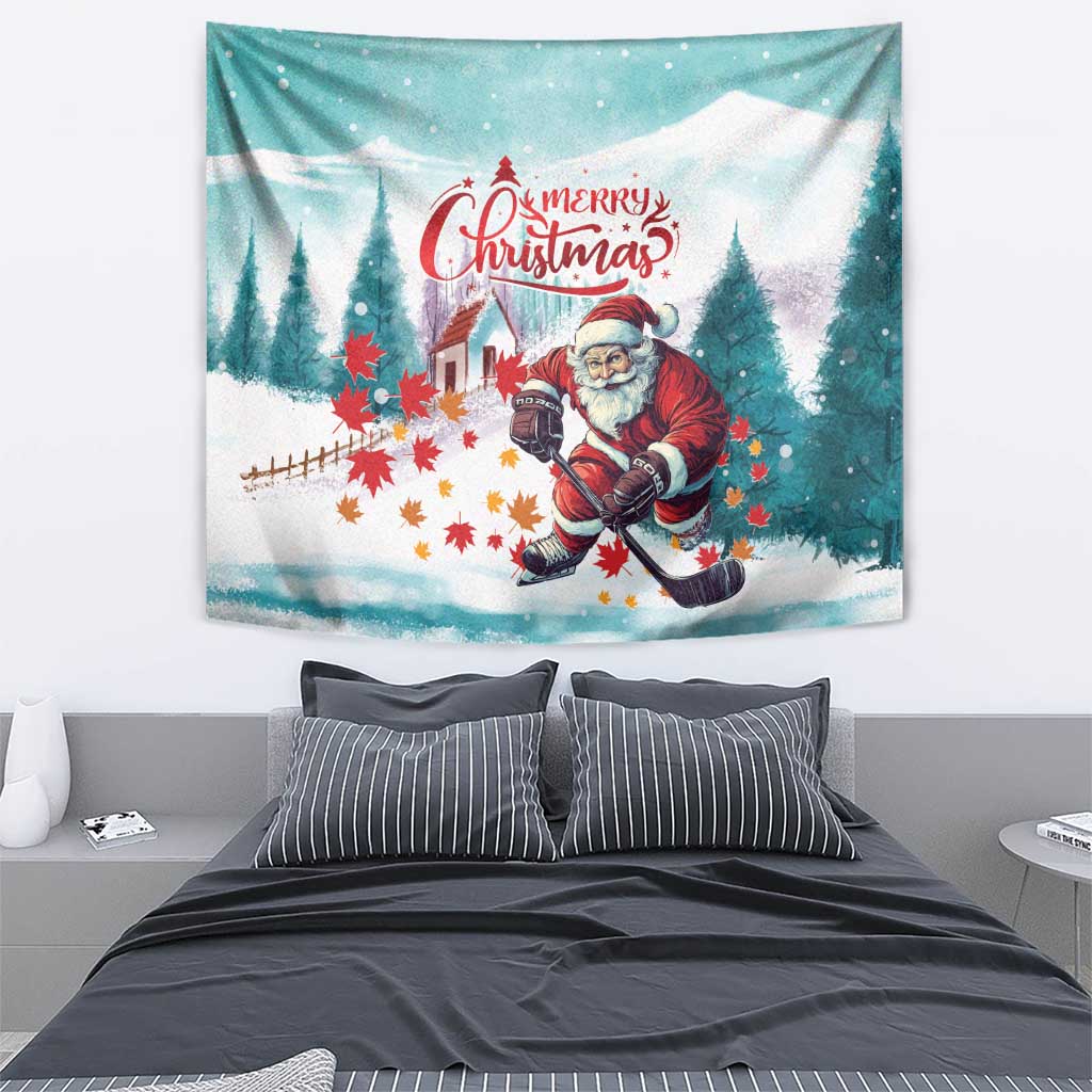 Christmas tapestry featuring Santa playing hockey, snowy trees and autumn leaves