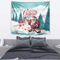 Christmas tapestry featuring Santa playing hockey, snowy trees and autumn leaves