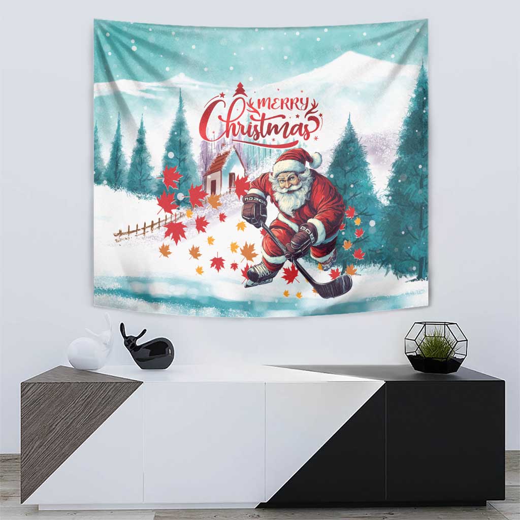 Mint Christmas tapestry with Santa skating and a hockey stick amid snowy evergreens