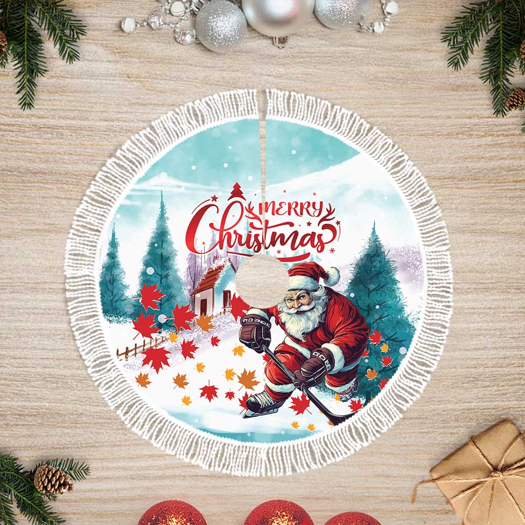 Mint round tree skirt with Santa hockey graphic and white tassel fringe border