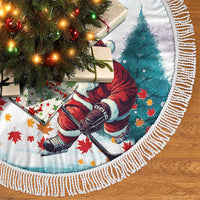 Mint tree skirt with Santa hockey print and white fringed edge around