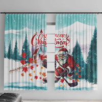 Mint holiday window curtain panels featuring Santa playing hockey with trees and maple leaves