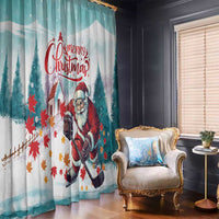 Mint Christmas window curtain panels with Santa playing hockey, red text and maple leaves