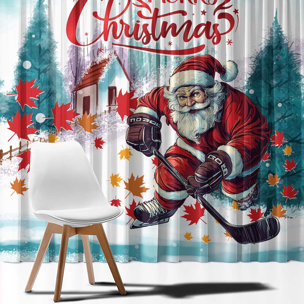 Mint curtain panel close-up of Santa playing hockey with red 'Merry Christmas' text