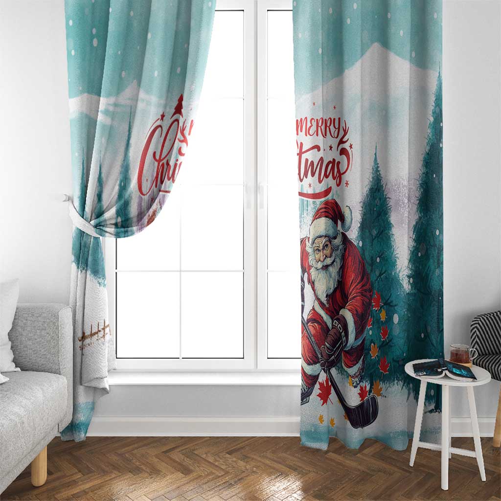 Mint window curtain panels with Santa playing hockey and pine tree scene
