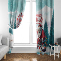 Mint window curtain panels with Santa playing hockey and pine tree scene