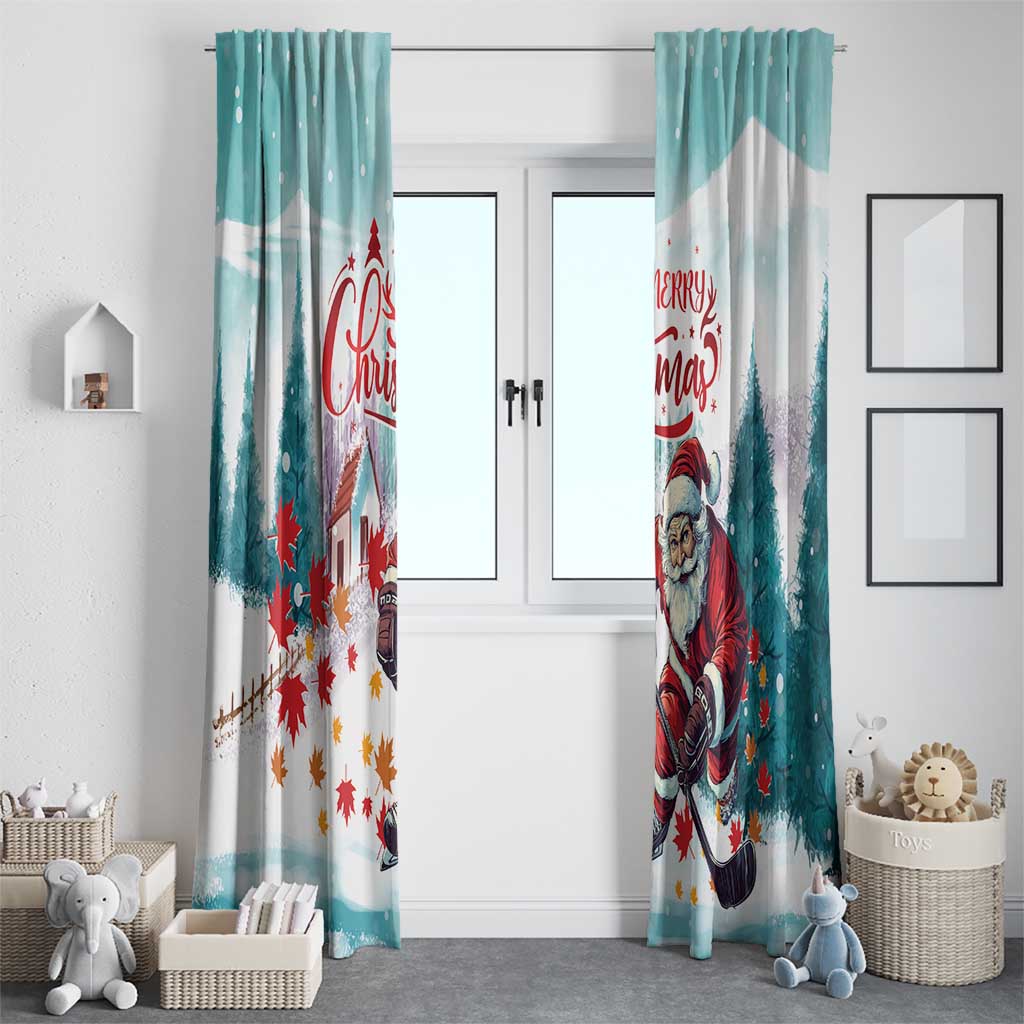 Mint Christmas curtain panels with Santa playing hockey, pine trees and maple leaves decor