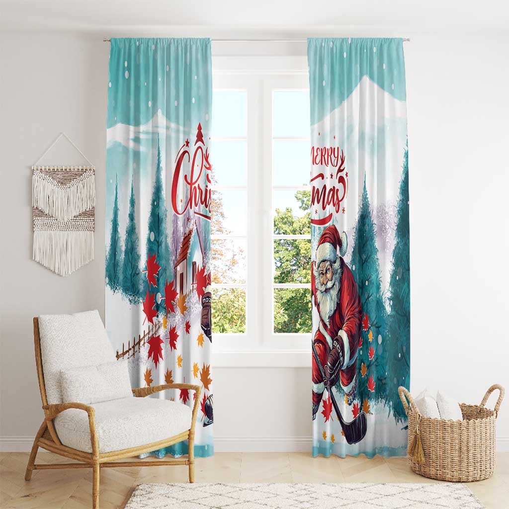 Mint holiday curtain panels hanging over two windows with Santa playing hockey artwork