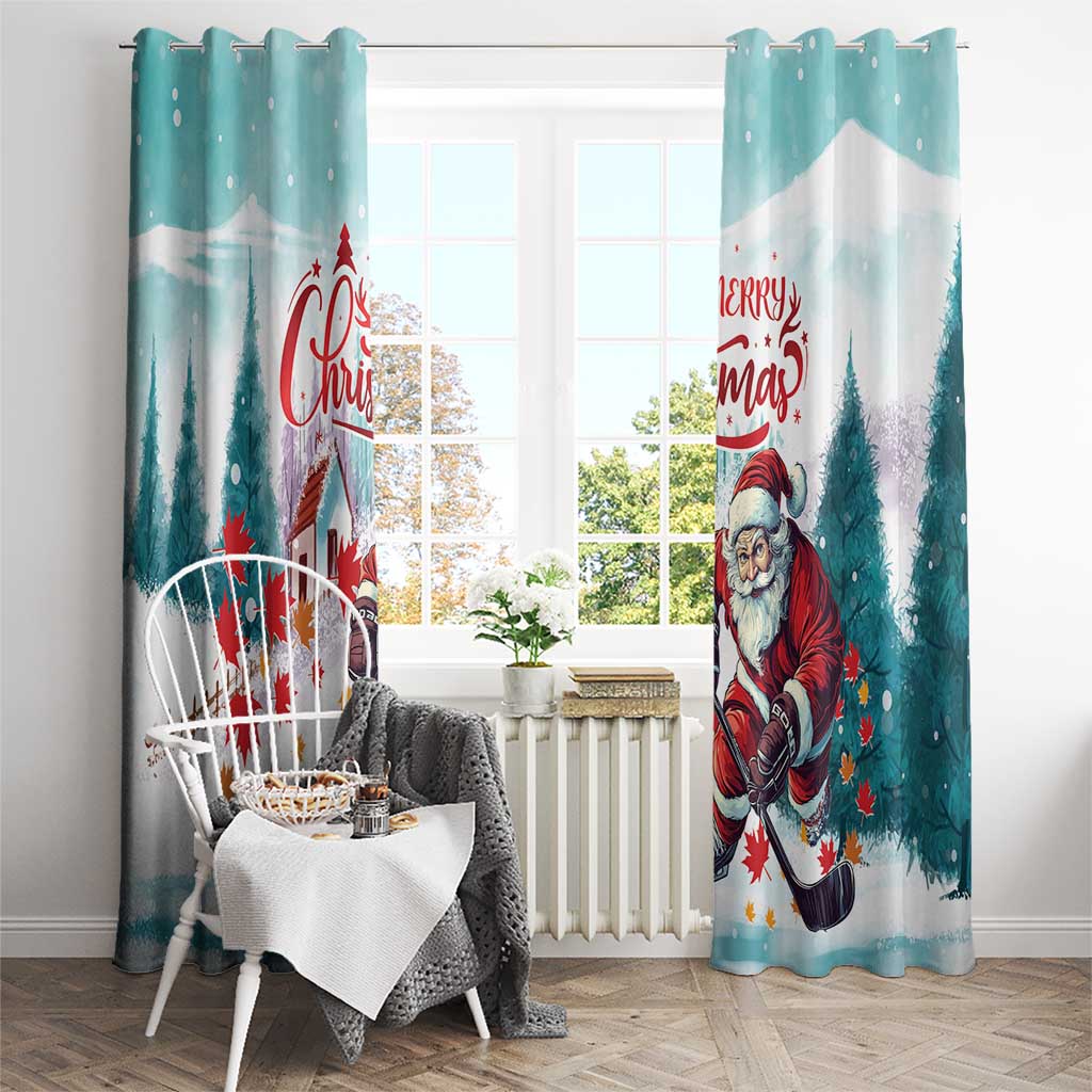 Mint curtain panels with Santa playing hockey, red 'Merry Christmas' and maple leaf details