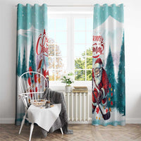 Mint curtain panels with Santa playing hockey, red 'Merry Christmas' and maple leaf details