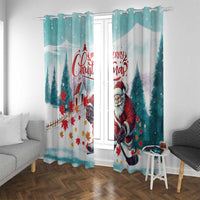 Mint holiday curtain panels with Santa playing hockey, top grommet-style rings and pine trees