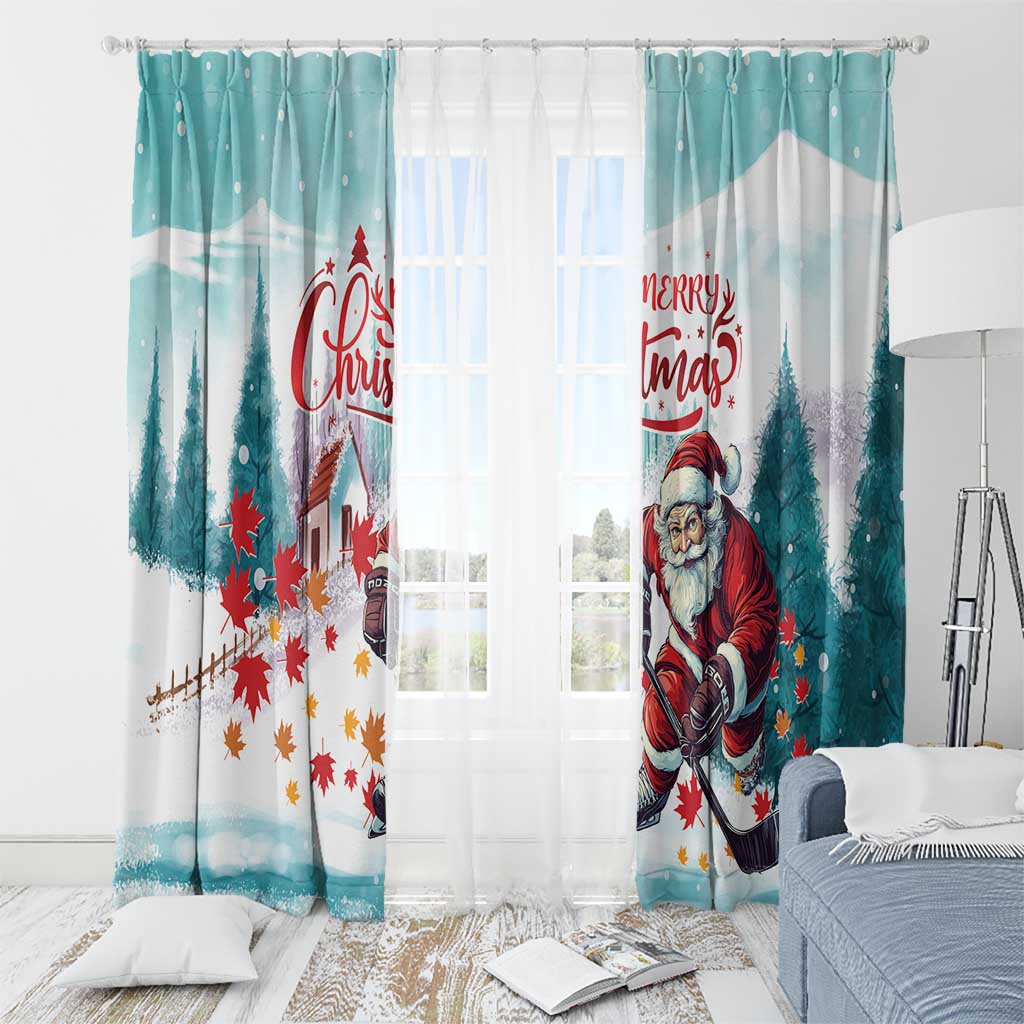 Mint window curtain panels with Santa playing hockey, pine trees and maple leaf confetti