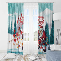 Mint window curtain panels with Santa playing hockey, pine trees and maple leaf confetti