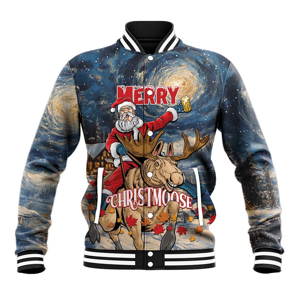 Unisex baseball jacket with starry navy art, Santa riding moose graphic, striped ribbed trim
