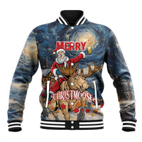 Unisex baseball jacket with starry navy art, Santa riding moose graphic, striped ribbed trim