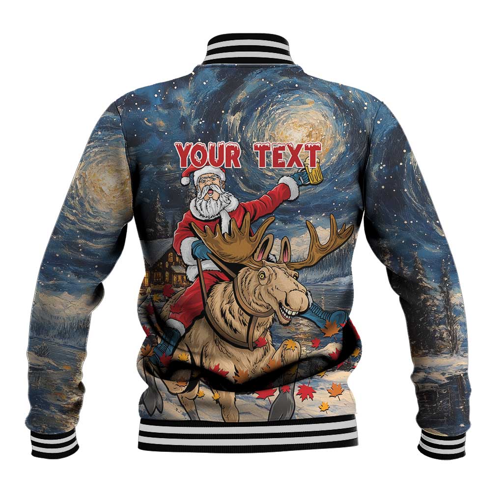 Unisex baseball jacket with starry navy art, Santa holding banner over moose, striped ribbed trim