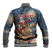 Unisex baseball jacket with starry navy art, Santa holding banner over moose, striped ribbed trim
