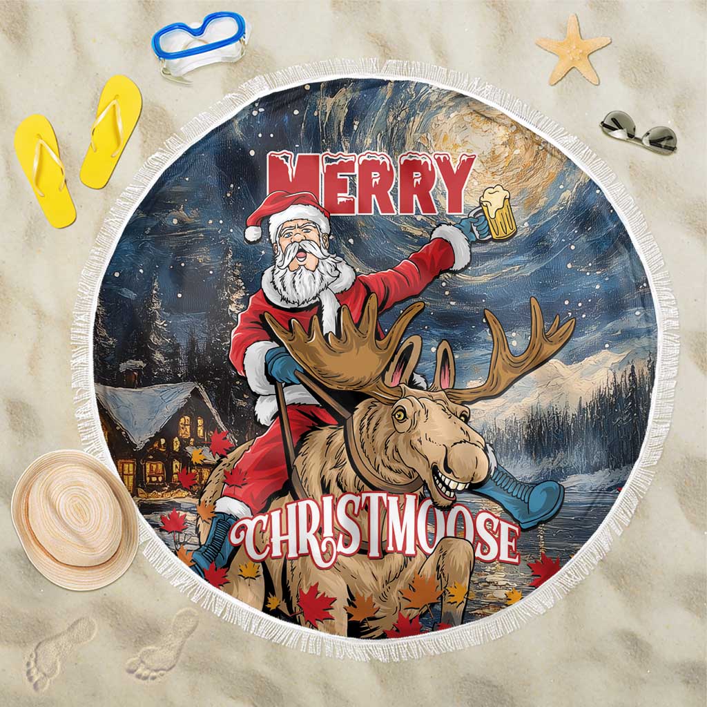 Round Christmas beach blanket, Santa on moose with 'Merry Christmoose' text, fringed edge