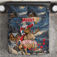 Duvet cover with Santa on moose; red “MERRY” and “CHRISTMOOSE” on blue night
