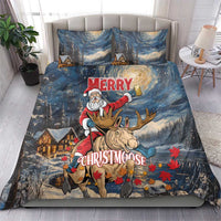 Bed cover set: Santa on moose with red “MERRY” and “CHRISTMOOSE” on blue night