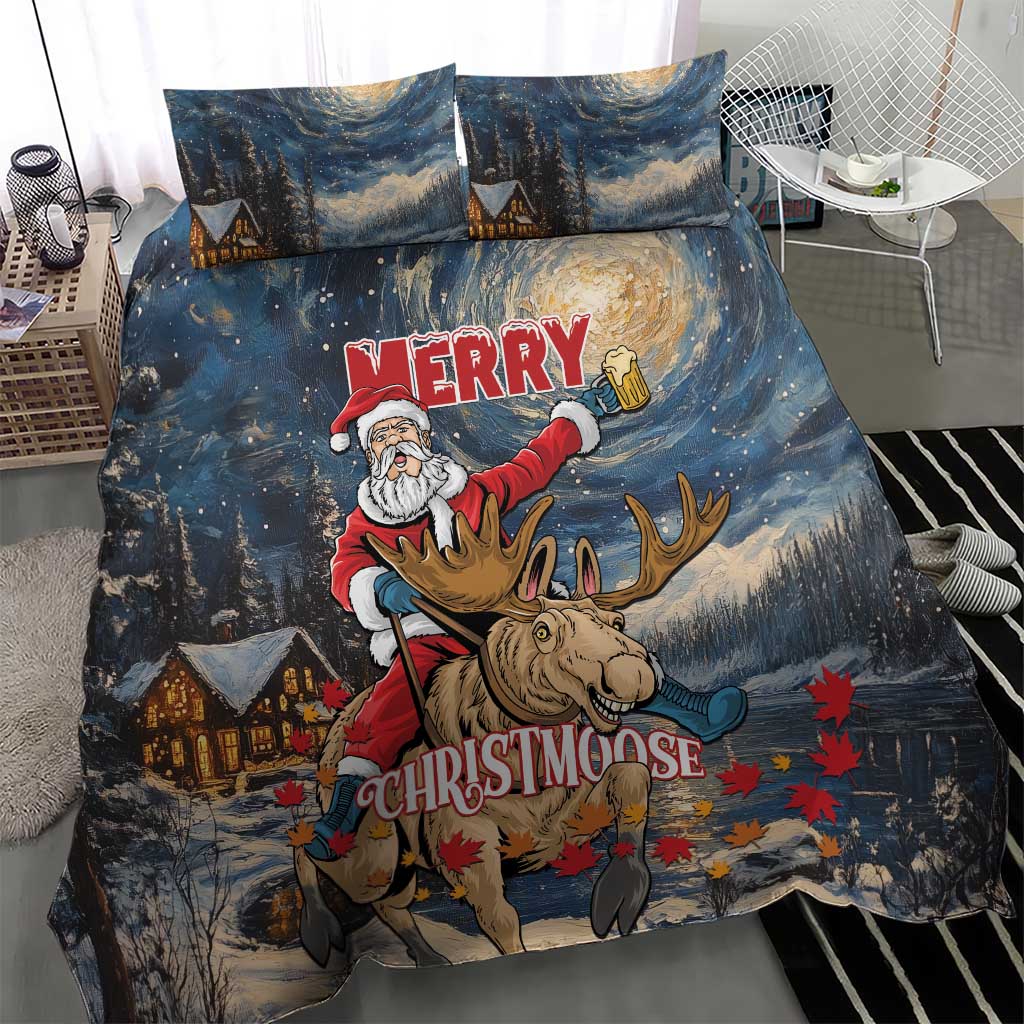 Duvet cover and pillow set with Santa riding moose; colorful autumn leaves on blue