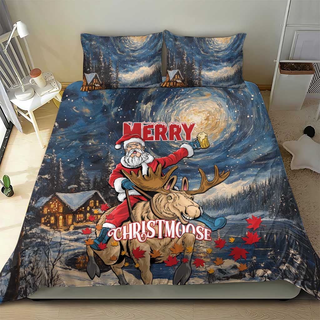 Bedding set with Santa riding a moose and reindeer antlers; red “MERRY” on blue