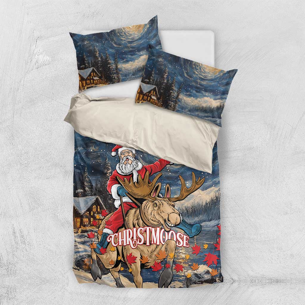 Printed bedding set with Santa and moose; two pillow covers on blue starry autumn night