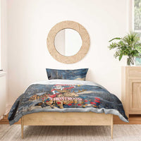 Bedding set with Santa-and-moose graphic; two pillow covers on blue starry sky