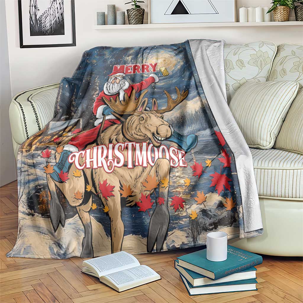 Holiday blanket: Santa riding a moose on a starry night with “Merry Christmoose”