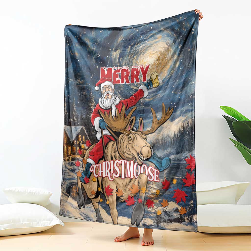 Holiday blanket featuring Santa on a moose, starry night sky and “Merry Christmoose” text