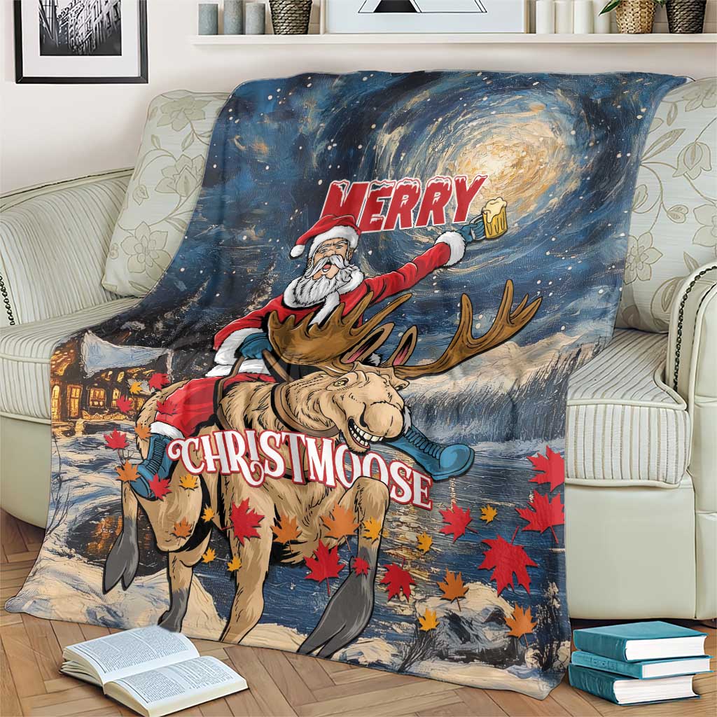 Holiday blanket with Santa and moose, swirling night sky, and red leaf accents