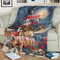 Holiday blanket with Santa and moose, swirling night sky, and red leaf accents