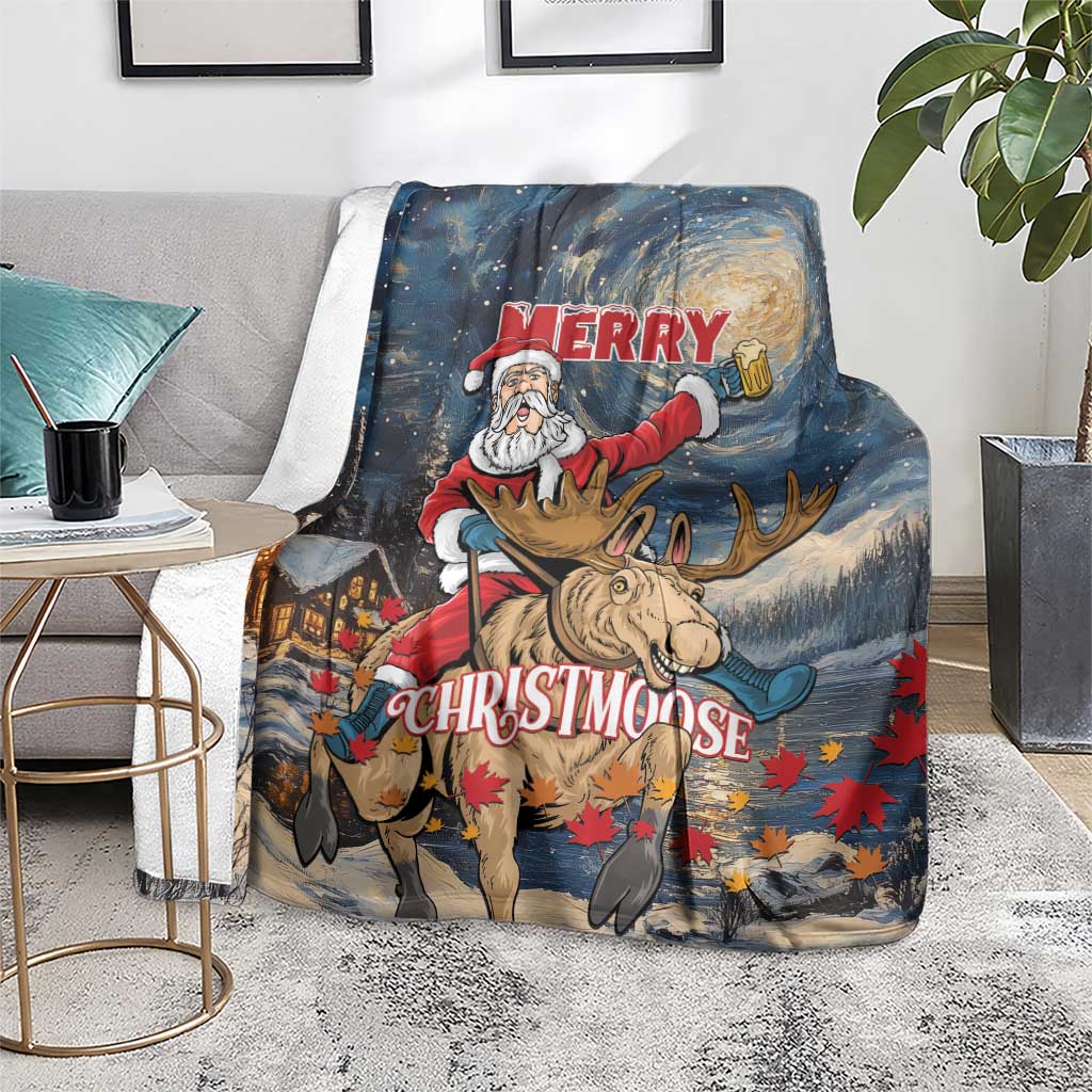 Holiday blanket standing on the floor with Santa riding a moose and “Merry Christmoose”